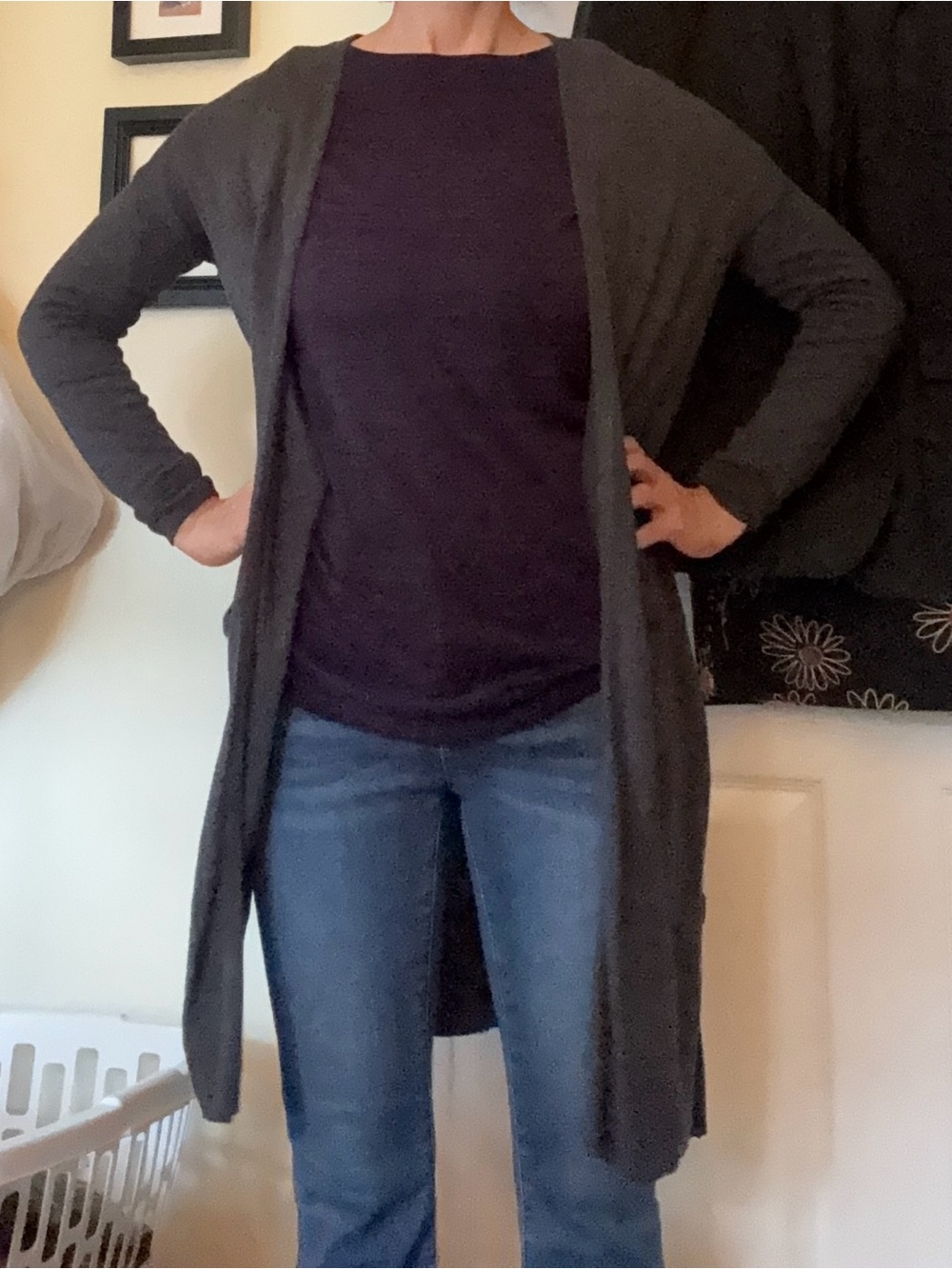 Long Duster Open-Front Women's Cardigan Sweater in Charcoal